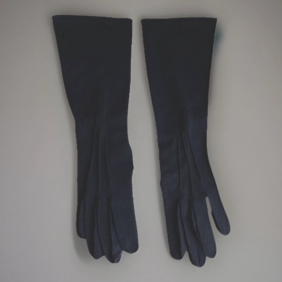 Vintage 60s Meyers Make Long Evening Gloves Size 6 1/2 Black Cotton Elegant - Picture 1 of 10
